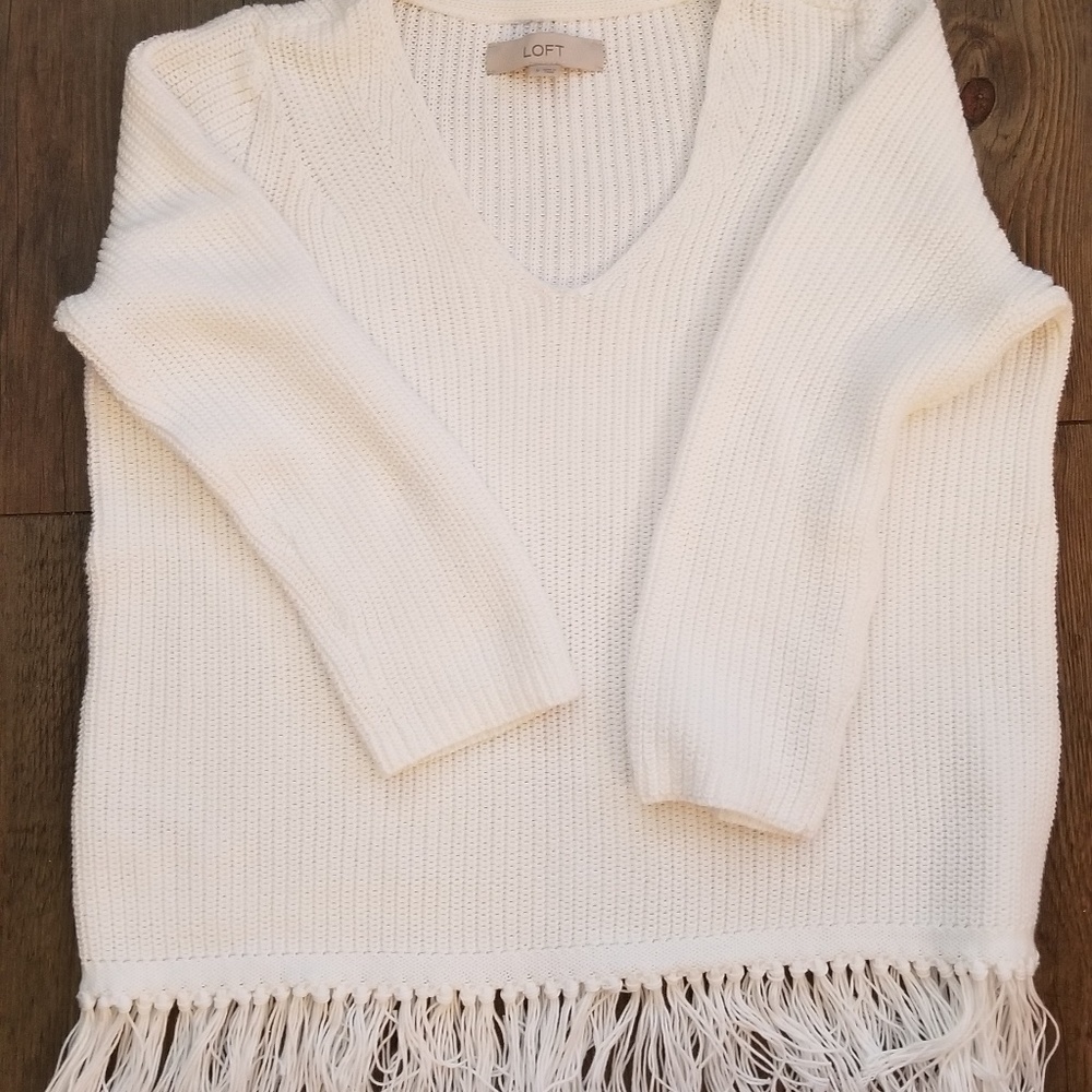Loft white sweater with fringe bottom